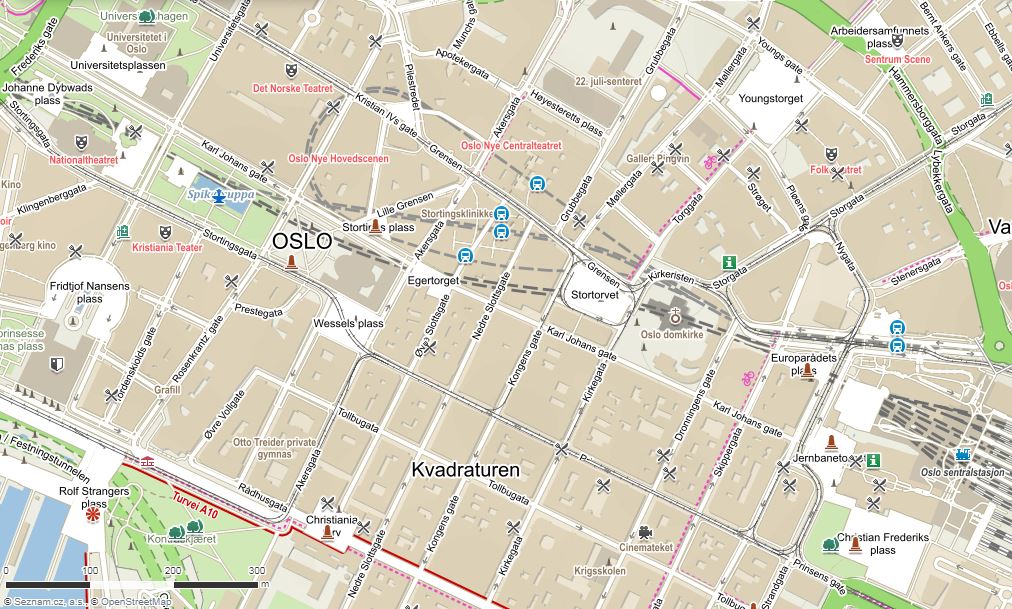 Mapa centra města Oslo, Norsko