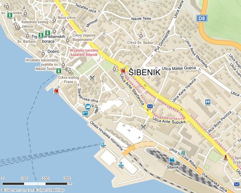 Mapa centra Šibeniku, Chorvatsko